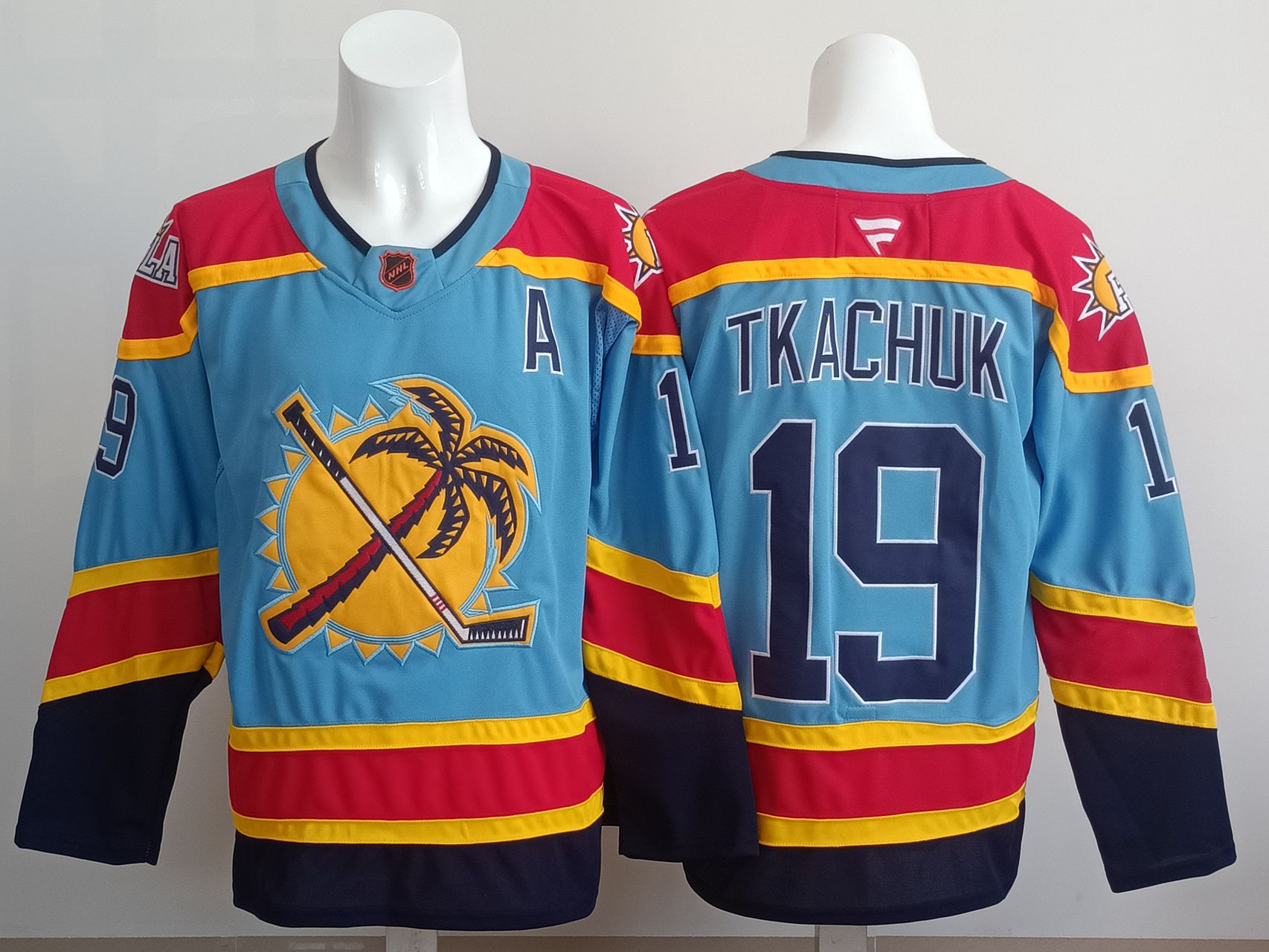 Men 2025 Florida Panthers 19 Tkachuk Light Blue NHL Jersey style 01